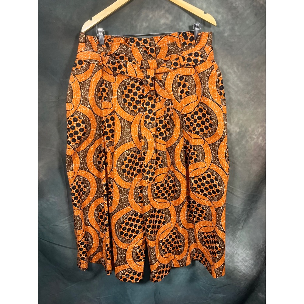 Ashro Women Orange Brown African Print Wide Leg Paperbag Waist Cotton Pants 16